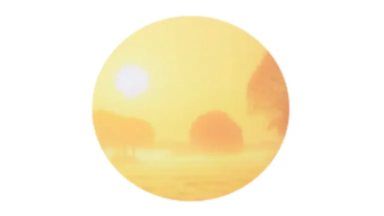 Minimalistische, kreisförmige Illustration einer im Sesshin aufgehenden Sonne über einer nebligen Landschaft mit Bäumen
