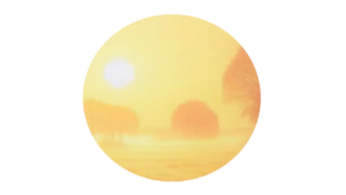 Minimalistische, kreisförmige Illustration einer im Sesshin aufgehenden Sonne über einer nebligen Landschaft mit Bäumen