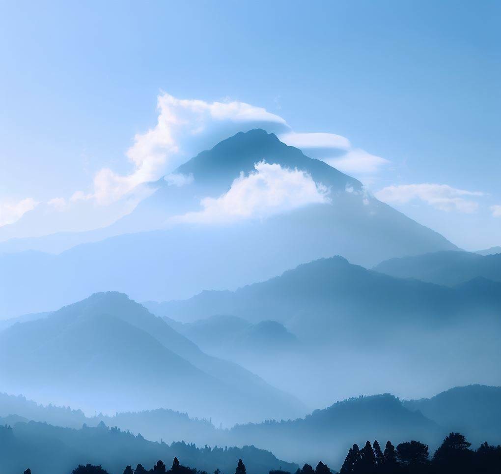 Mehrere Berggipfel, die in blauen Nebel gehüllt sind.