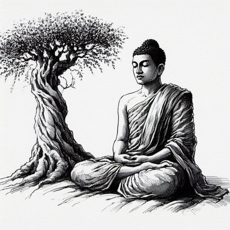 Meditierender Buddha unter einem Baum in einer detaillierten Schwarz-Weiß-Zeichnung.