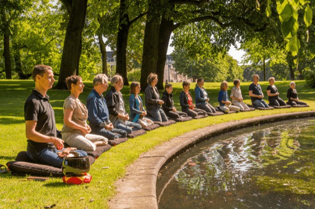 Eine Gruppe von Menschen meditiert im Freien in Zen-Haltung am Ufer eines Teichs.