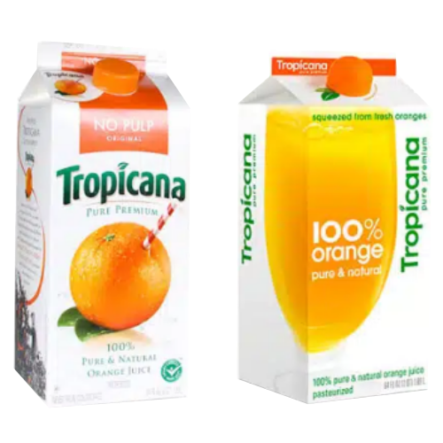 Zwei verschiedene Tropicana Orangensaft-Verpackungen, eine mit einer Orange und eine mit einem Glas Orangensaft