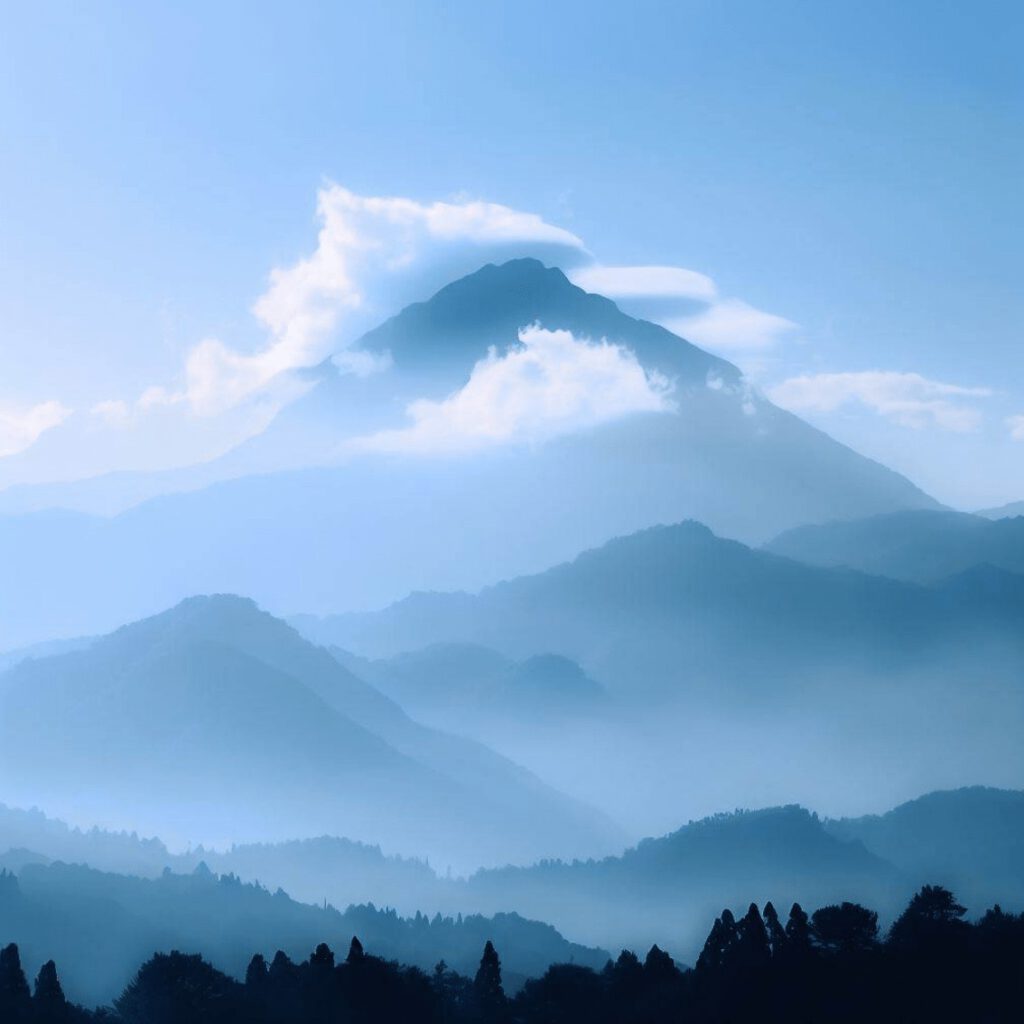 Nebelverhangene Berglandschaft mit Wolken vor blauem Himmel