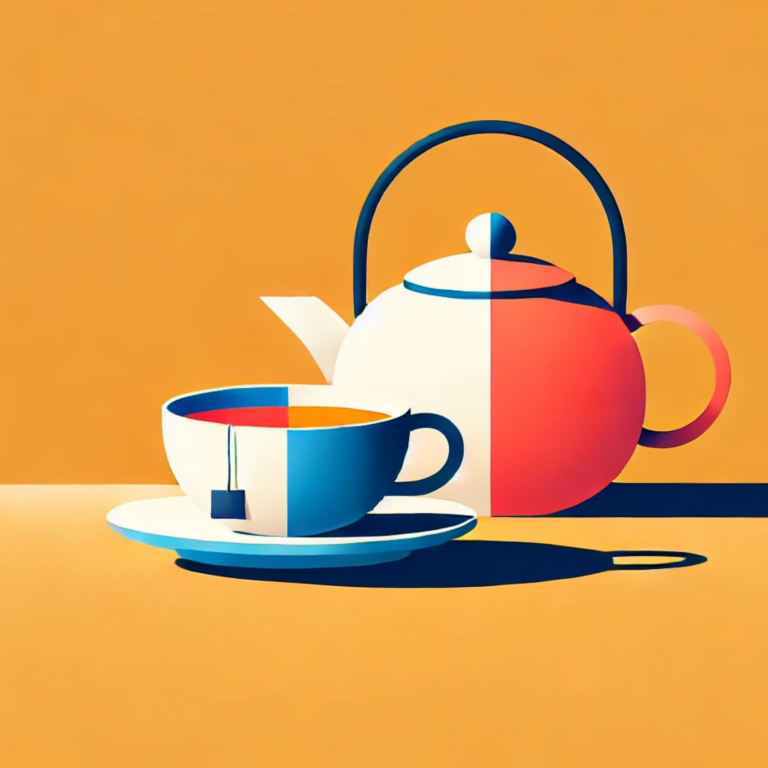 Eine stilisierte Teekanne und Tasse Tee als Symbol für eine bewusste Pause, die durch Entschleunigung zu mehr Lebensqualität führt.