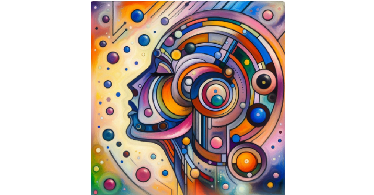 Abstraktes Bild eines menschlichen Kopfes mit bunten Bubbles und Pünktchen, Symbol für Gedanken und Erfahrungen, die während der Zen-Meditation an die Oberfläche kommen