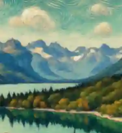 Gemälde einer Berglandschaft mit See, Bäumen am Ufer und Bergen im Hintergrund unter bewölktem Himmel.
