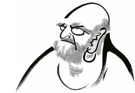 Eine stilisierte Illustration von Bodhidharma, dem Begründer des Zen-Buddhismus, mit markanten Gesichtszügen, Bart und Ohrring. Die minimalistische Darstellung betont die Weisheit und spirituelle Ausstrahlung der historischen Figur."