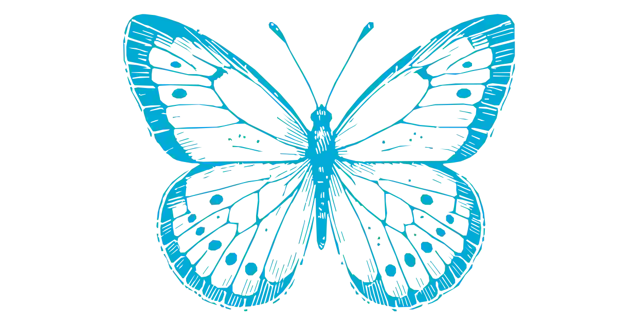 Blauer stilisierter Schmetterling mit detaillierter Linienführung auf weißem Hintergrund.