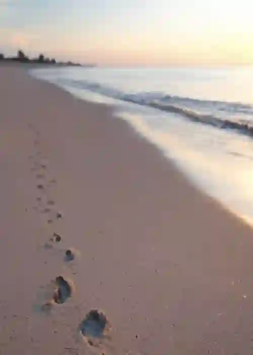 Fußspuren im Sand, die sich entlang eines ruhigen Strandes im Sonnenuntergang erstrecken. Eine metaphorische Darstellung von Wegen, Veränderungen und Achtsamkeit im Leben.