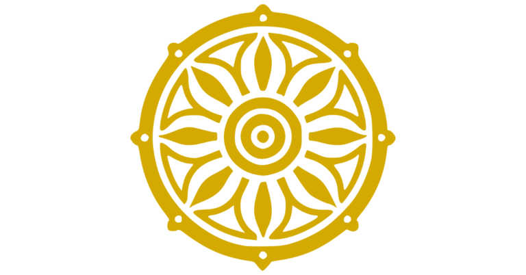 Ein einfaches Dharma-Rad (Dharmachakra) mit acht Speichen, das den Achtfachen Pfad des Buddhismus symbolisiert. Das Design ist minimalistisch, mit klaren Linien und einer ausgewogenen kreisförmigen Form, inspiriert von traditioneller buddhistischer Ikonographie.
