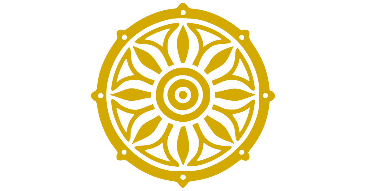 Ein einfaches Dharma-Rad (Dharmachakra) mit acht Speichen, das den Achtfachen Pfad des Buddhismus symbolisiert. Das Design ist minimalistisch, mit klaren Linien und einer ausgewogenen kreisförmigen Form, inspiriert von traditioneller buddhistischer Ikonographie.