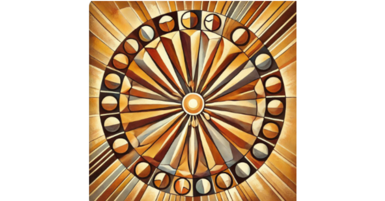 Ein abstraktes Gemälde, das einen Kreis stilisierter menschlicher Figuren zeigt, die sich an den Händen halten. Die warmen Erdtöne und das subtile Sonnenmotiv symbolisieren Verbundenheit, Dankbarkeit und die gemeinsame Anstrengung, die unser Leben ermöglicht.