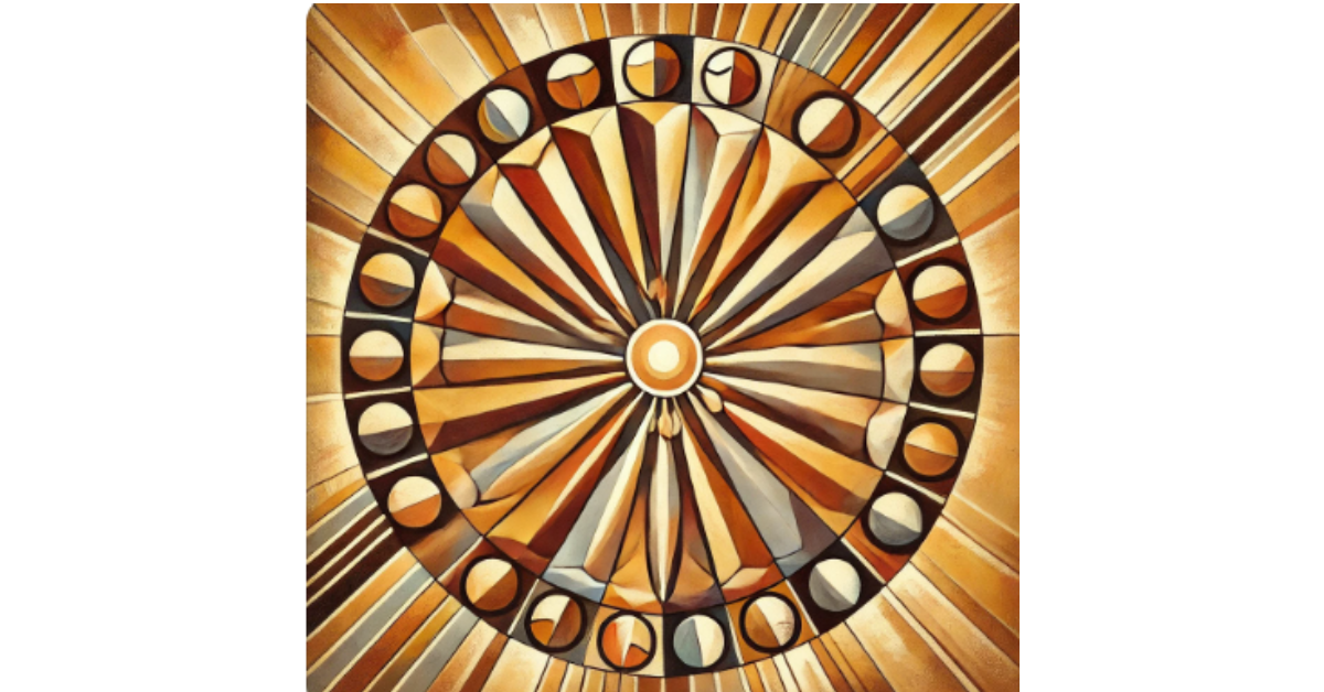 Ein abstraktes Gemälde, das einen Kreis stilisierter menschlicher Figuren zeigt, die sich an den Händen halten. Die warmen Erdtöne und das subtile Sonnenmotiv symbolisieren Verbundenheit, Dankbarkeit und die gemeinsame Anstrengung, die unser Leben ermöglicht.