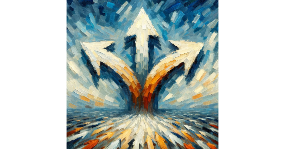 Drei gemalte Pfeile, die aus einem gemeinsamen Ursprung nach oben und außen streben und Entscheidungsmöglichkeiten symbolisieren.