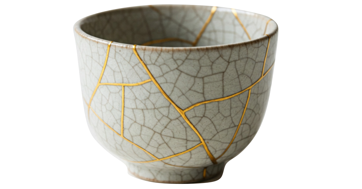 Kintsugi-Schale: Mit Gold gekittete Bruchstellen als Symbol dafür, wie aus Brüchen Schönheit entstehen kann.