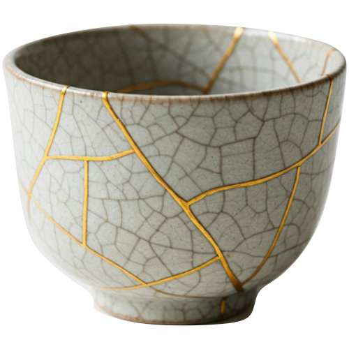 Kintsugi-Schale: Mit Gold gekittete Bruchstellen als Symbol dafür, wie aus Brüchen Schönheit entstehen kann.