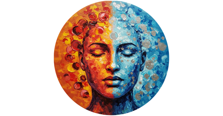 Abstraktes Gemälde einer Frau in Meditation, geteilt in warmen und kühlen Farbtönen, umgeben von einem Kreis strukturierter Elemente. Symbolisiert die Verarbeitung von unverarbeiteten Erfahrungen zu hilfreichen Einsichten während der Zen-Meditation.
