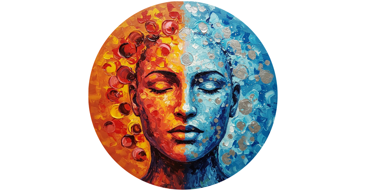 Abstraktes Gemälde einer Frau in Meditation, geteilt in warmen und kühlen Farbtönen, umgeben von einem Kreis strukturierter Elemente. Symbolisiert die Verarbeitung von unverarbeiteten Erfahrungen zu hilfreichen Einsichten während der Zen-Meditation.