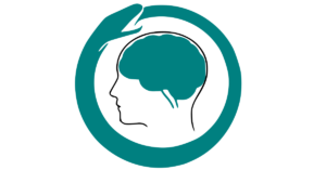 Stilisierte Profilansicht eines menschlichen Kopfes mit sichtbarem Gehirn, umschlossen von einem türkisfarbenen, kreisförmigen Ouroboros-Symbol, das einen endlosen Zyklus darstellt.