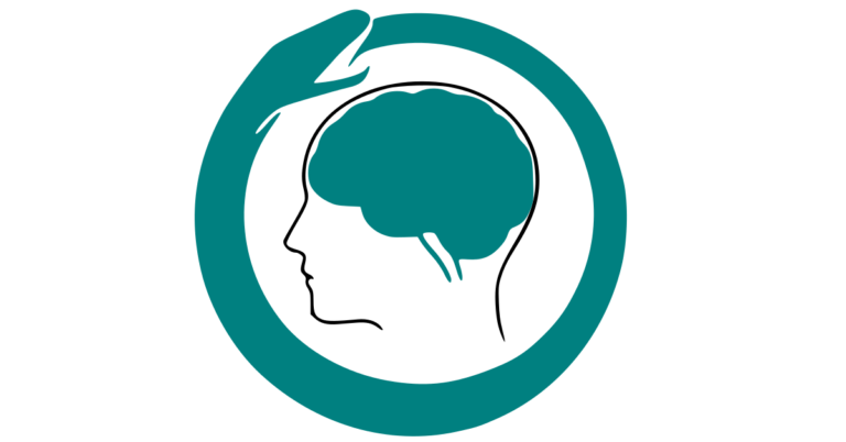 Stilisierte Profilansicht eines menschlichen Kopfes mit sichtbarem Gehirn, umschlossen von einem türkisfarbenen, kreisförmigen Ouroboros-Symbol, das einen endlosen Zyklus darstellt.
