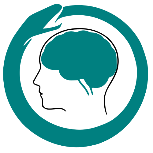 Stilisierte Profilansicht eines menschlichen Kopfes mit sichtbarem Gehirn, umschlossen von einem türkisfarbenen, kreisförmigen Ouroboros-Symbol, das einen endlosen Zyklus darstellt.
