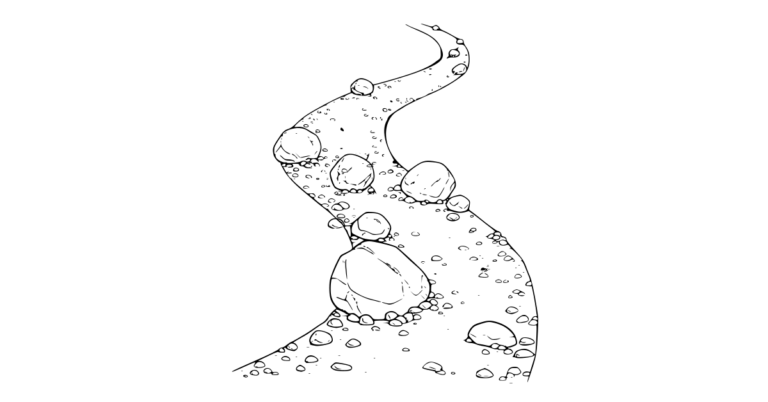 Schwarz-Weiß-Strichzeichnung eines breiten, gewundenen Pfades, auf dem große Felsbrocken und viele kleine Kieselsteine als Hindernisse liegen.