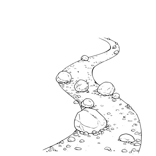 Schwarz-Weiß-Strichzeichnung eines breiten, gewundenen Pfades, auf dem große Felsbrocken und viele kleine Kieselsteine als Symbol für Hindernisse (Schicksal) liegen.