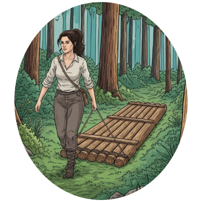 Farbige Linienzeichnung einer Frau, die ein hölzernes Floß durch einen Wald zieht, als Symbol für das Loslassen von altem Ballast gemäß der Zen-Parabel.