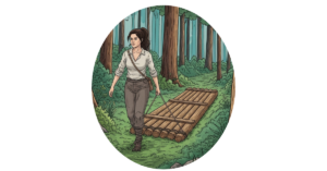 Farbige Linienzeichnung einer Frau, die ein hölzernes Floß durch einen Wald zieht, als Symbol für das Loslassen von altem Ballast gemäß der Zen-Parabel.