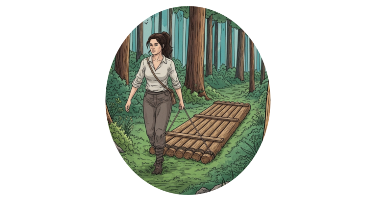 Farbige Linienzeichnung einer Frau, die ein hölzernes Floß durch einen Wald zieht, als Symbol für das Loslassen von altem Ballast gemäß der Zen-Parabel.