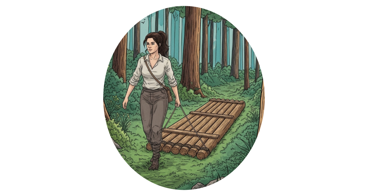 Farbige Linienzeichnung einer Frau, die ein hölzernes Floß durch einen Wald zieht, als Symbol für das Loslassen von altem Ballast gemäß der Zen-Parabel.