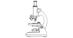 Strichzeichnung eines Mikroskops als Symbol für Serendipität, Fokus und unerwartete Entdeckungen im Leben.