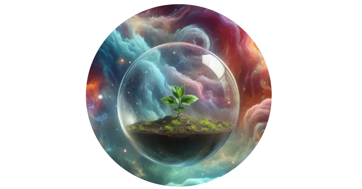Symbolische Darstellung von Hoffnung und Leben im Chaos: Ein kleiner, grüner Spross wächst geschützt in einer Glaskugel, die durch ein farbenfrohes, turbulentes Universum schwebt.