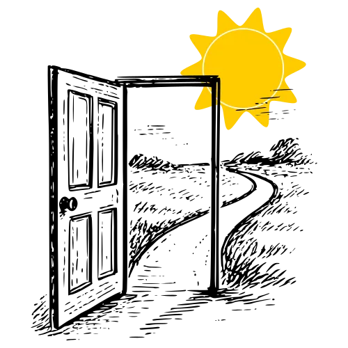 Schwarz-weiße Zeichnung einer offenen Tür, die auf einen Weg in eine Landschaft führt. Eine große, gelbe Sonne scheint und symbolisiert den Zen-Sommerkurs in Berlin.