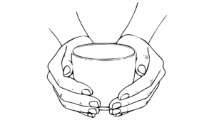 ine minimalistische Strichzeichnung zeigt zwei Hände, die achtsam und umschließend eine schlichte, henkellose Teeschale halten. Die Linienführung ist klar und vermittelt Ruhe und Konzentration.