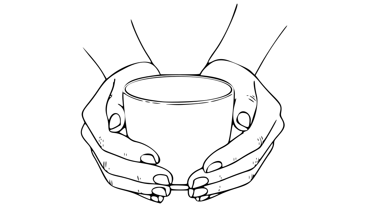 ine minimalistische Strichzeichnung zeigt zwei Hände, die achtsam und umschließend eine schlichte, henkellose Teeschale halten. Die Linienführung ist klar und vermittelt Ruhe und Konzentration.