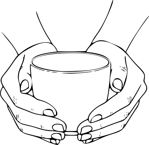 ine minimalistische Strichzeichnung zeigt zwei Hände, die achtsam und umschließend eine schlichte, henkellose Teeschale halten. Die Linienführung ist klar und vermittelt Ruhe und Konzentration.