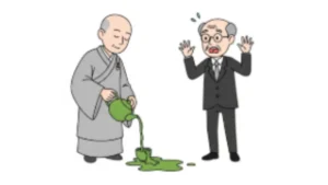 Illustration von Zen-Meister Nan-In, der eine Teeschale überlaufen lässt, während ein Professor erschrocken zuschaut.