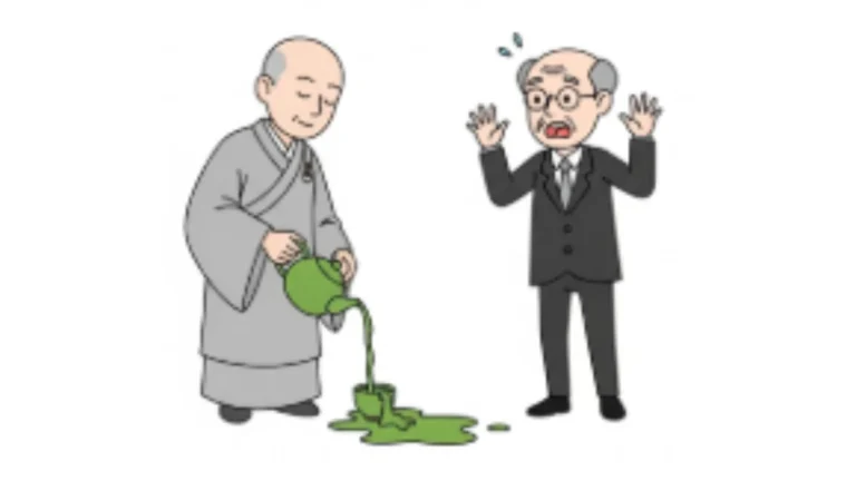 Illustration von Zen-Meister Nan-In, der eine Teeschale überlaufen lässt, während ein Professor erschrocken zuschaut.