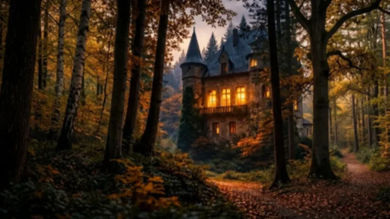 Ein beleuchtetes Schloss im herbstlichen Wald bei Abenddämmerung, warmes Licht strahlt aus den Fenstern.