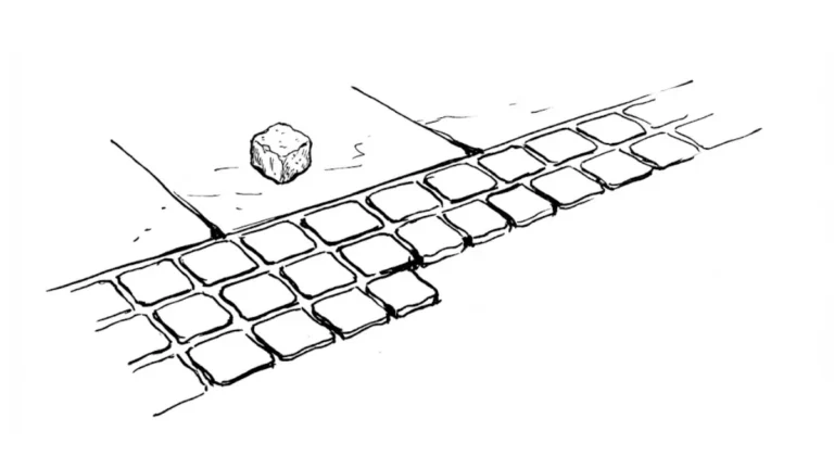 Minimalistische Tuschezeichnung: Ein loser Berliner Pflasterstein liegt abseits der Reihe. Symbolbild für das Zen-Koan „Stein der Weisen“.