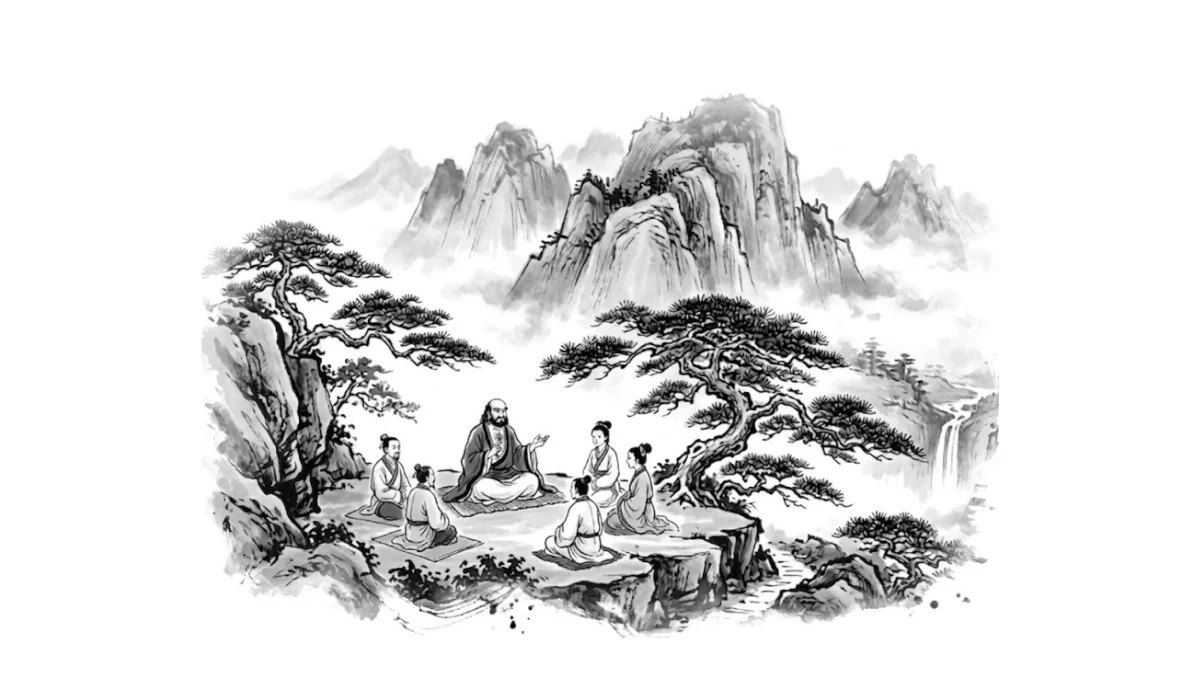 Eine traditionelle ostasiatische Tuschzeichnung, die den ersten Zen-Patriarchen Bodhidharma sitzend auf einem Felsvorsprung zeigt, wie er eine Gruppe von fünf Schülern lehrt. Im Hintergrund hohe, neblige Berge und alte Kiefern.