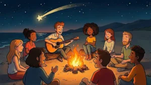 Eine stimmungsvolle Cartoon-Illustration einer diversen Gruppe von Freunden, die nachts um ein knisterndes Lagerfeuer am Strand sitzt. Ein Mann spielt Gitarre, während die anderen lächelnd zuhören, unter einem weiten Sternenhimmel mit einer großen Sternschnuppe.