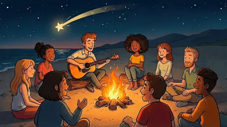 Eine stimmungsvolle Cartoon-Illustration einer diversen Gruppe von Freunden, die nachts um ein knisterndes Lagerfeuer am Strand sitzt. Ein Mann spielt Gitarre, während die anderen lächelnd zuhören, unter einem weiten Sternenhimmel mit einer großen Sternschnuppe.