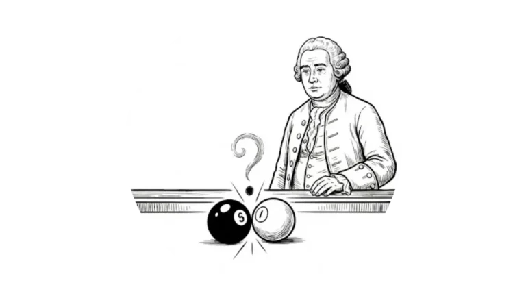 Illustration des Philosophen David Hume, der den Zusammenstoß zweier Billardkugeln beobachtet. Ein aufsteigendes Fragezeichen zwischen den Kugeln symbolisiert die philosophische Skepsis an der direkten Wahrnehmbarkeit von Ursache und Wirkung.
