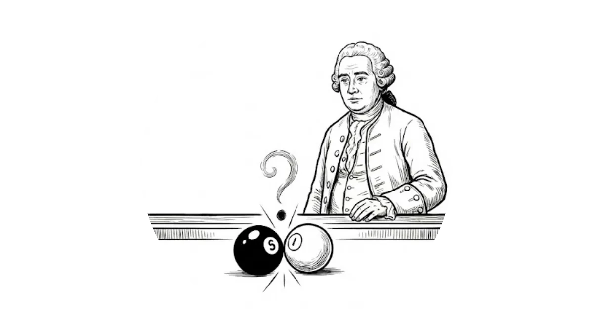 Illustration des Philosophen David Hume, der den Zusammenstoß zweier Billardkugeln beobachtet. Ein aufsteigendes Fragezeichen zwischen den Kugeln symbolisiert die philosophische Skepsis an der direkten Wahrnehmbarkeit von Ursache und Wirkung.