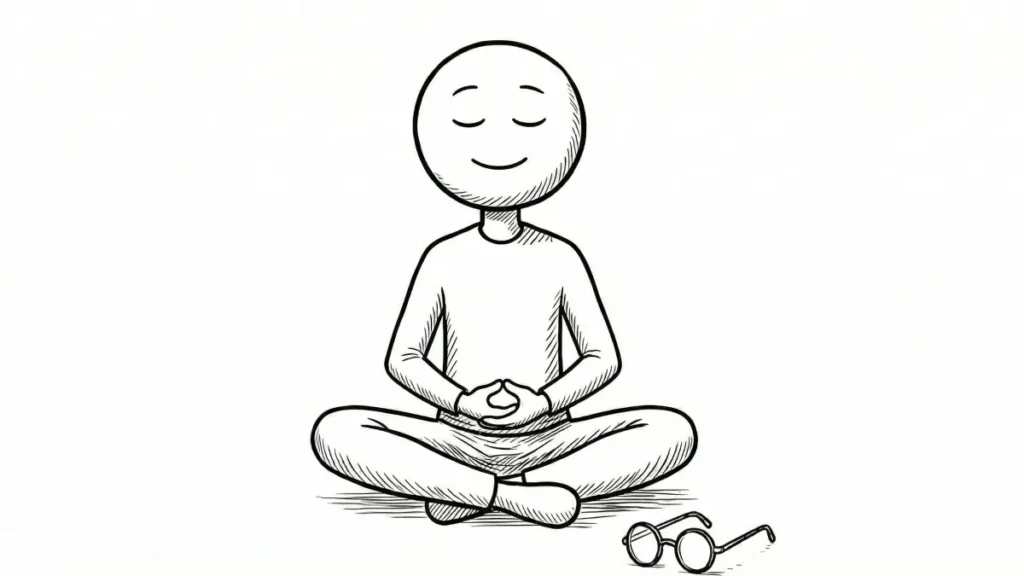 Schwarz-Weiß-Illustration eines friedlich im Lotussitz meditierenden Strichmännchens. Neben ihm auf dem Boden liegt eine abgelegte Brille. Das Bild symbolisiert das Ablegen der 'Ego-Brille' durch Zen-Meditation, um die Realität ungefiltert wahrzunehmen.