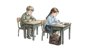 Zeichnung zweier Schulkinder: Ein Junge schreibt auf losen Zetteln, während eine Mitschülerin ein gebundenes Schulheft nutzt – symbolisch für frühe Prägungen und die Erwartungen der Eltern.