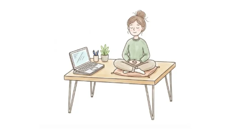 Eine entspannte Frau meditiert im Schneidersitz auf einem Schreibtisch neben ihrem Laptop – ein Symbol für innere Ruhe und das Loslassen beruflicher Scheinsicherheit.