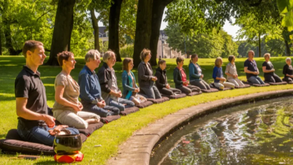 Eine Gruppe von Menschen praktiziert Zen-Meditation auf Kissen an einem Teich in einem grünen Park.